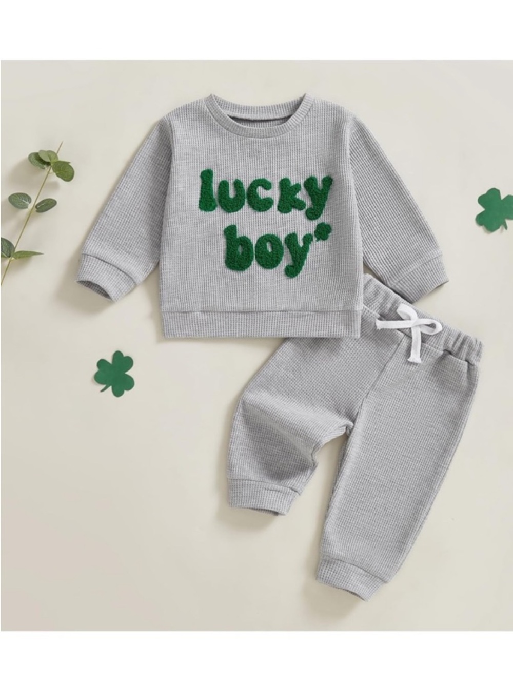 💜 Gray Baby boys waffle knit Sweatshirt & Jogger Set- 6/12mth - Picture 2 of 8